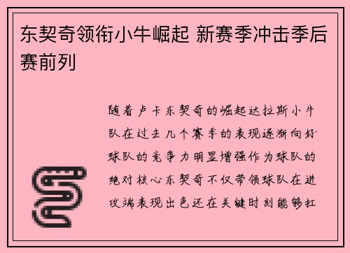 东契奇领衔小牛崛起 新赛季冲击季后赛前列